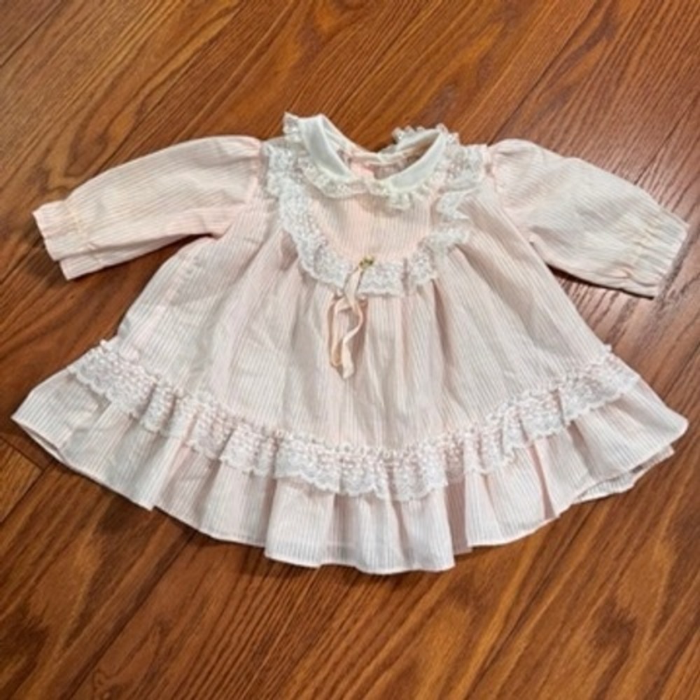 Vintage Roanna Baby Dress Pink White Striped Lace Trim Long Sleeve Size 9 Months